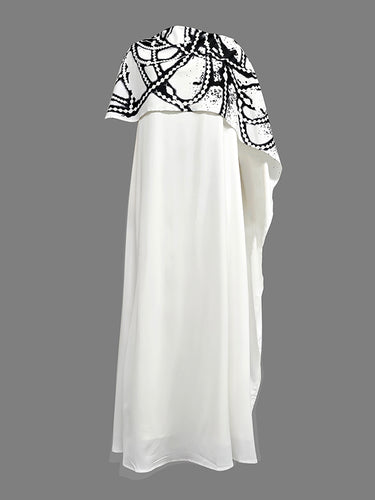 A-line capeletコントラストカラー印刷された模擬ネックマキシドレス