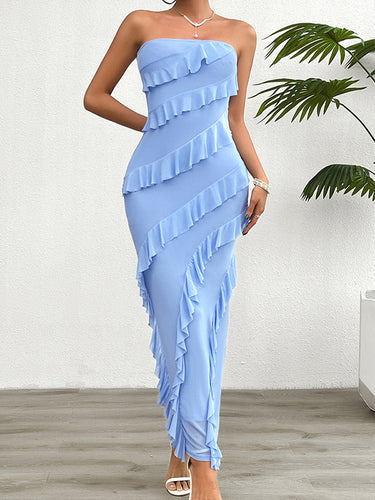 Bodycon عالي الخصر تقليم الكشكش الصلبة تقسيم الخلفية تقسيم أنبوب مفصل الفساتين maxi