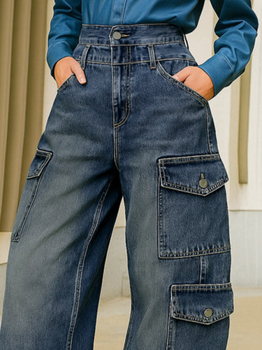 High Waisted Loose Buttoned Pockets Solid Color Split-Joint Jean Pants Bottoms