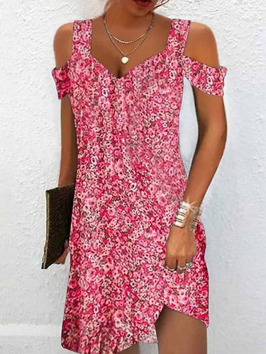A-line hautement taille fleur imprimé creux à l'épaule froide mini-robes