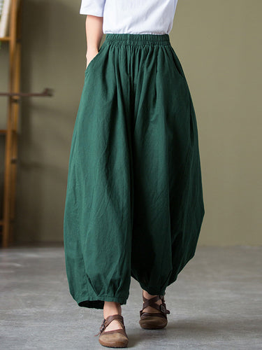Einfache lose Leinen Feste Farbe Falten -Kordelbreite Beine Knickerbocker