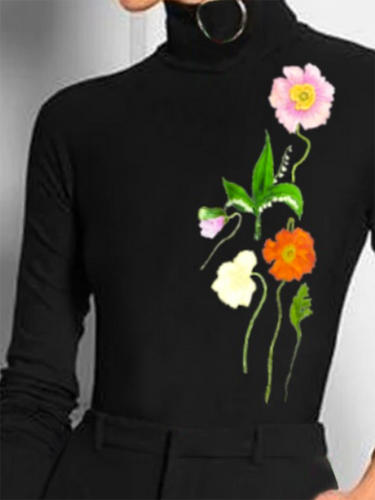 Maniche lunghe Skinny Flower Stampa stampato con giuntura a collo alto Time