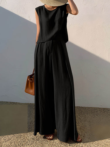 High Waisted Loose Pleated Solid Color Split-Joint Pants Trousers