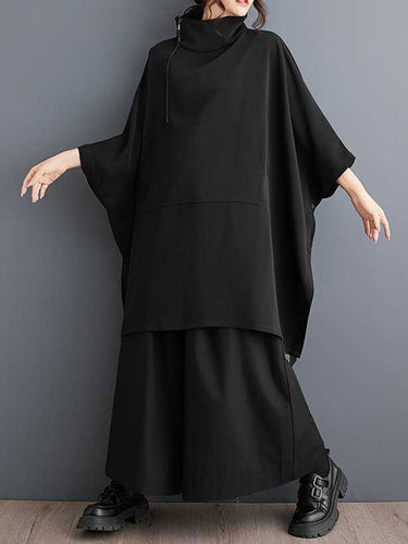 Mangas de batwing bolsas con botones sueltos de color sólido Sweper Mock Sweint Swein Sweatshirt