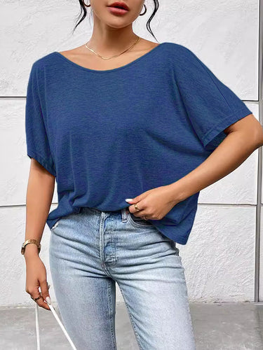 Mangas de bateo batwing back sin espalda sólido sólido sólido camisetas de cuello redondo de unión de articulación