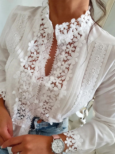 長袖のゆるいボタンの刺繍されたソリッドカラースプリットジョイントスタンドカラーブラウスとシャツのトップス