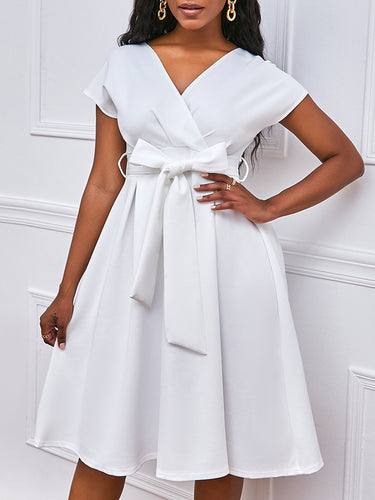 Robes midi à collier en v à lacets à lacets à bowknot