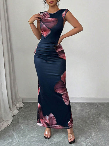 Bodycon sans manches couleurs de couleur fleur imprimer des robes maxi à col rond