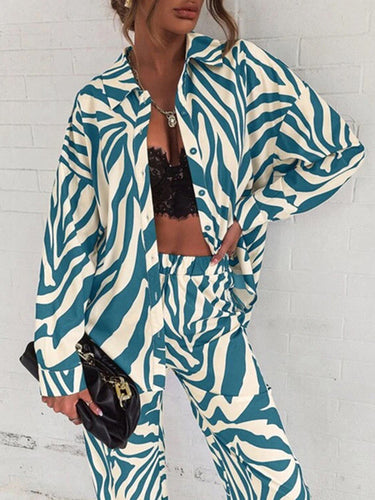 Zebra-Stripe Plusサイズのラペルブラウストップ +パンツボトム2個セット