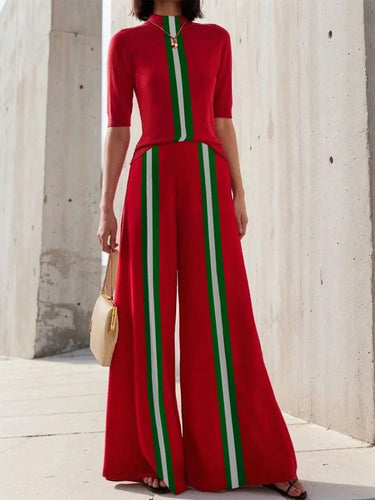 Calça de cor de contraste solto de cintura alta calças