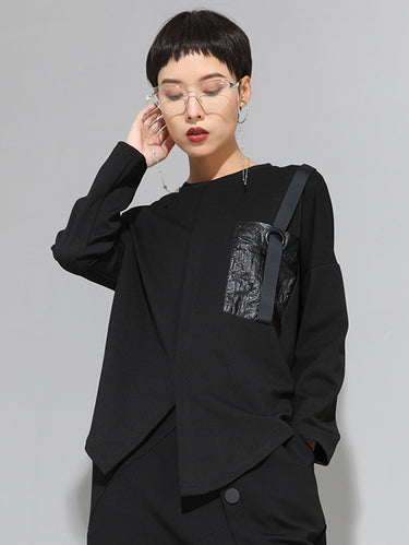 ファッションルーズロングスリーブスプリットフロントラウンドネックTシャツのトップス