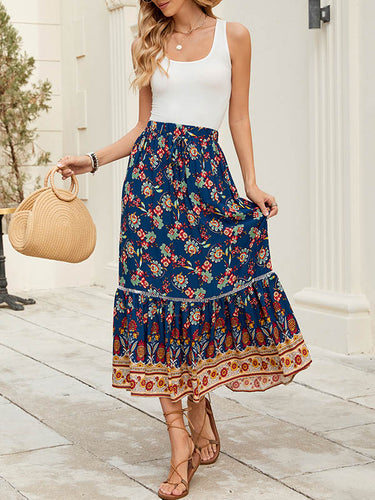 Loose Elasticity Flower Print Pleated Split-Joint Skirts Bottoms