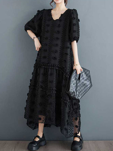 A-line نصف الأكمام مرونة Jacquard صلبة ألوان تقسيم مفصل V-neck midi فساتين