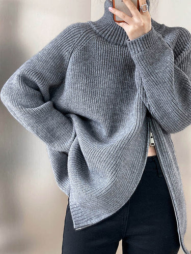 長袖ルーズスプリットジョイントスプリットサイドジッパーハイネックセータートップス