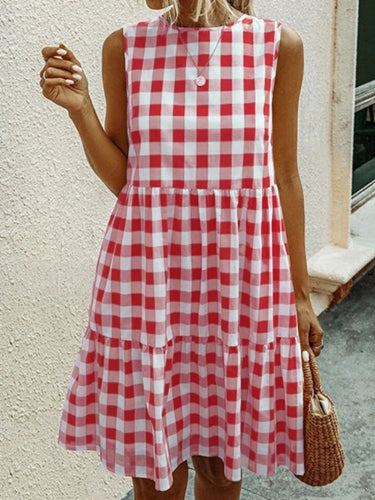 Plaid creux sans manches lâches Mini robes à col rond plissées