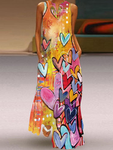 A-Line Lose Heart Print Round-Hals Maxi-Kleider