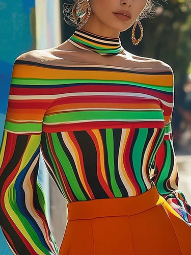 Mangas compridas tops de camisetas listradas de color