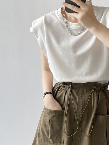 ゆるいノースリーブのスプリットジョイントラウンドネックTシャツのトップス