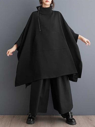 Mangas de batwing bolsas con botones sueltos de color sólido Sweper Mock Sweint Swein Sweatshirt