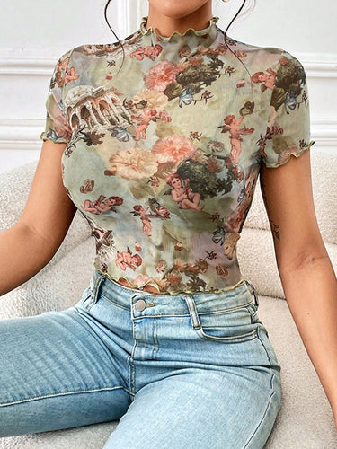 أكمام قصيرة نحيل الشكل زهرة طباعة الكشكش تقليم SEET-SEACH TOPS TOPS TOPS