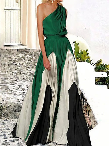 Ärmellose asymmetrische falten gedruckte One-Shoulder-Maxikleider