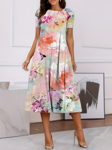A-line lose Blumendrucktaschen rundem Hals Midi-Kleider
