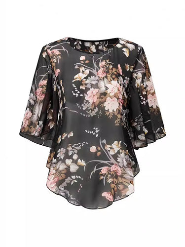 Munas de Batwing Medias Mangas estampado de flores Blusas y camisas de cuello redondo Tops Cubridos Tops