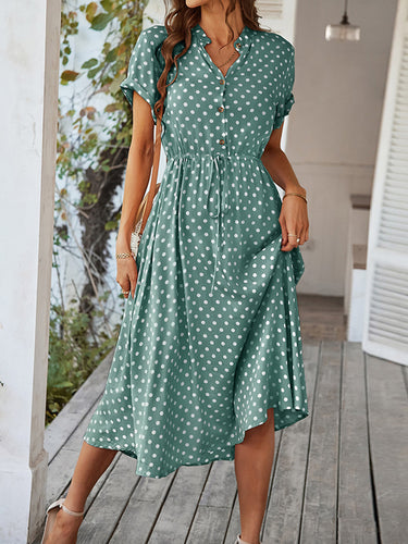 A-Line High Tailled Buttoned Draw String Polka-Punkt V-Ausschnitt Midi-Kleider