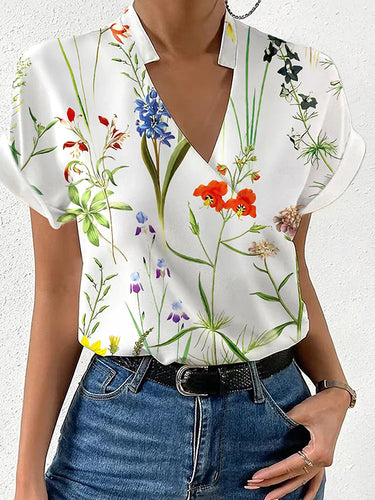 Mangas curtas soltas estampadas florais de junta dividida Bloups & Shirts Tops