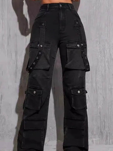 High Waisted Buttoned Pockets Solid Color Jean Pants Bottoms Trousers