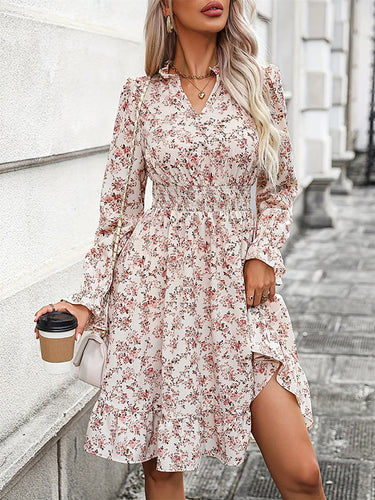 A-LINE Long Sleeves المرونة زهرة طباعة فساتين Midi