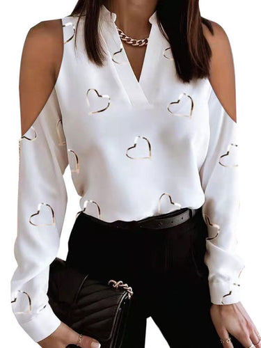 Cœur aimant original imprimé à manches longues en vrac Hollow en V en V V et chemises Tops