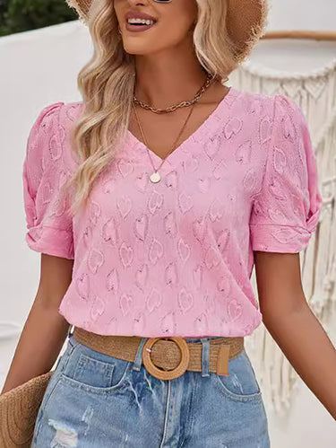 ゆるい短袖ハートプリントノットプリーツソリッドカラースプリットジョイントVネックTシャツトップス