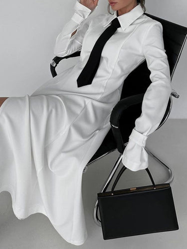 A-lineフレアスリーブボタンedしたソリッドカラースプリットジョイントスプリットサイドラペルマキシドレスシャツドレス