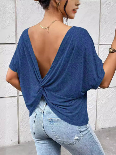 Mangas de bateo batwing back sin espalda sólido sólido sólido camisetas de cuello redondo de unión de articulación