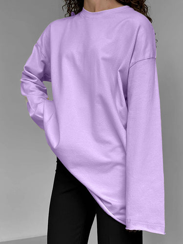 長袖ソリッドカラーの丸いネックTシャツのトップス