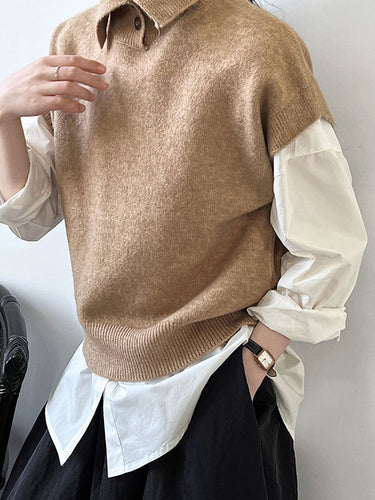 ゆるいノースリーブボタン付きハイネックセーターベストトップ
