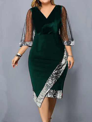 Bodycon Wrap Contrast Couleur maillé à paillettes à collier en V Vins MIDI à col en V