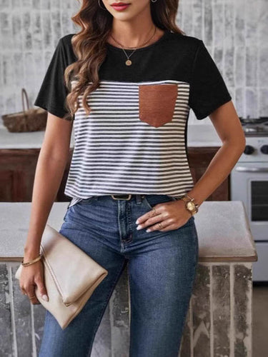 ゆるい半袖スプリットジョイントストライプラウンドネックTシャツのトップス