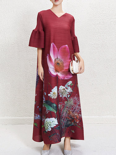 Manches évasées en ligne A-ligne Robes maxi à col en V plissées en V Fleur