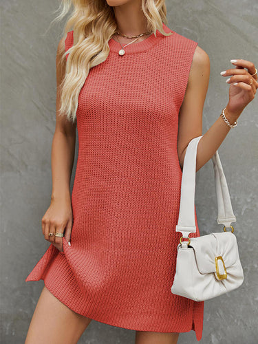 A-line loose loose lood colorスプリットサイド縛られたウエストラウンドネックミニドレスセータードレス