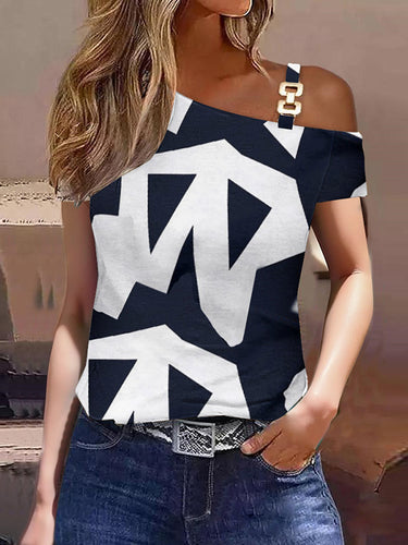 印刷されたワンショルダーTシャツのトップ