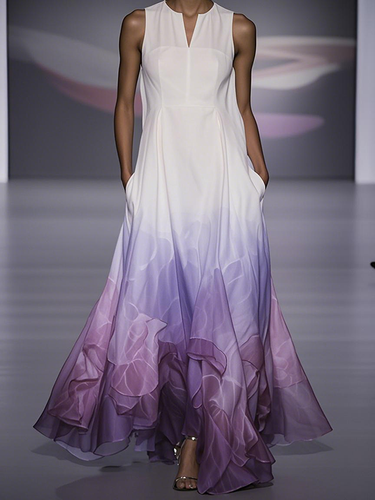 A-Line Lose Blumendruckgedruckte Gradient Split-Joint V-Ausschnitt Maxi-Kleider