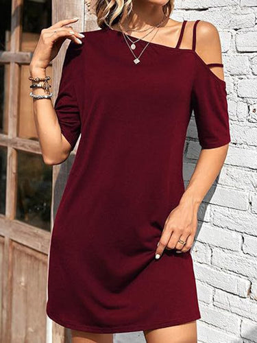Manches courtes en vrac couleurs solides asymétriques mini-robes à une épaule