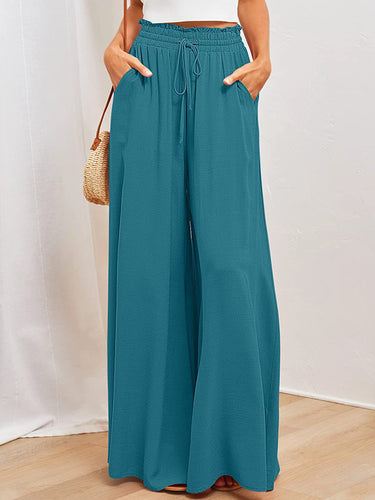 Points plissés plissés pantalons de couleur unie à cordon lâche