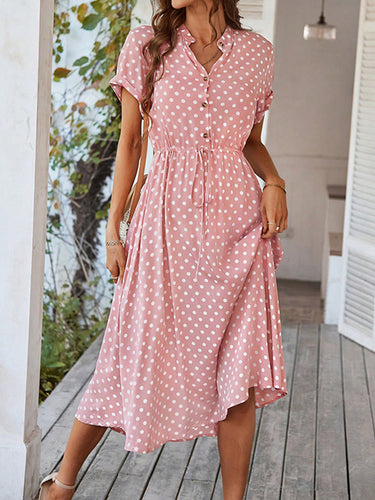 A-Line High Tailled Buttoned Draw String Polka-Punkt V-Ausschnitt Midi-Kleider