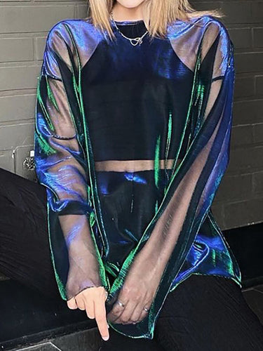 長袖が緩いガーゼシースルーラウンドネックTシャツのトップス