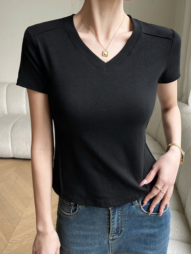 半袖スキニーソリッドカラースプリットジョイントVネックTシャツ