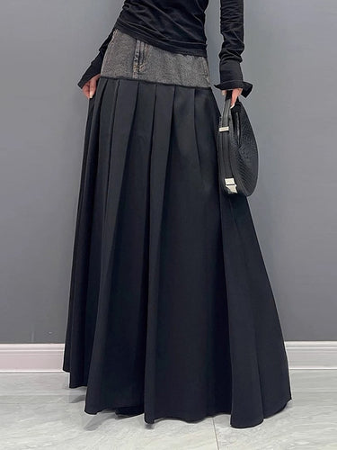 A-Line High Waisted Contrast Color Pleated Split-Joint Skirts Bottoms