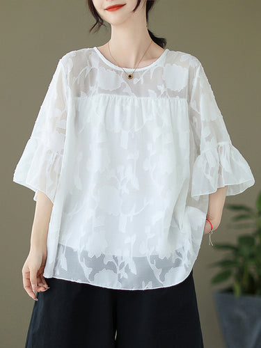 ゆるい半袖ファルバラプリーツシースルースプリットジョイントラウンドネックTシャツ